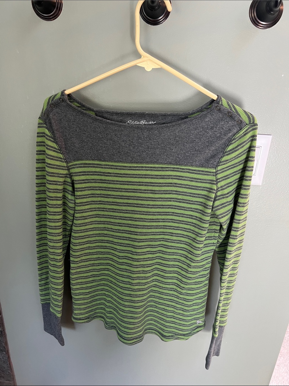 Eddie Bauer Green and Gray Striped Boatneck Long Sleeve Top